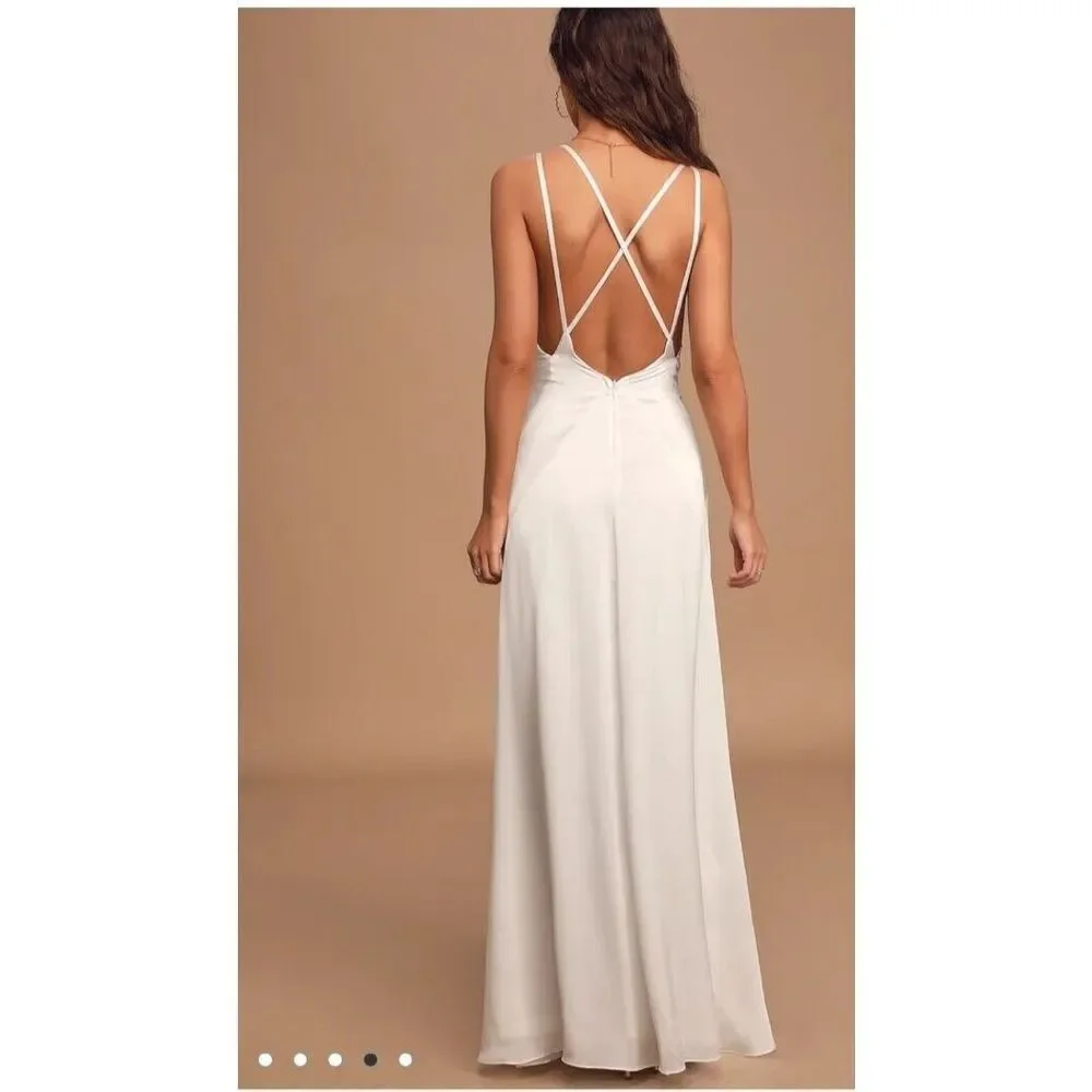 Lulu's Dress‎ Luxe Living White Ivory Satin Backless Maxi Dress Size Medium